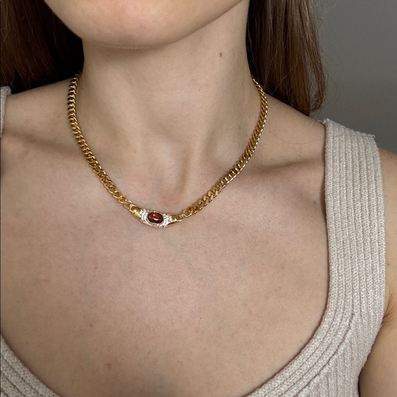 Elegant Gold necklace with cz stones and Red Gemstone - Picture 3 of 6